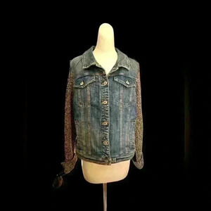 Anthropologie Denim Jacket with Cable Knit Sweater Sleeves